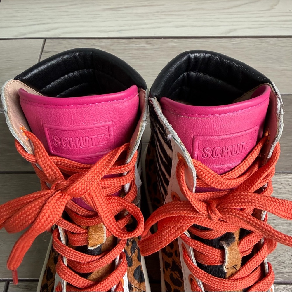 SCHUTZ Leopard & Zebra Print High-Top Sneakers with Orange Laces - Picture 7 of 11